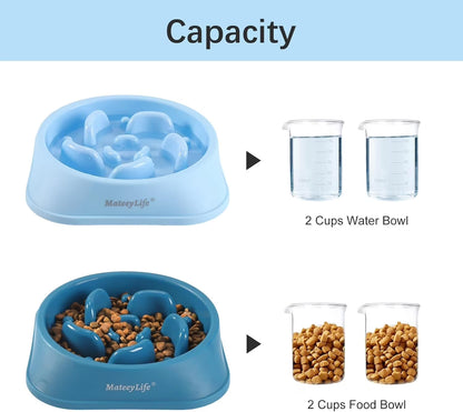 Slow Feeder Dog Bowls 2PCS, Non Slip Cat Food Bowls, Bloat Stop Maze Dishes, Interactive Feeder for All Breeds 2 Cup Lightblue&Darkblue